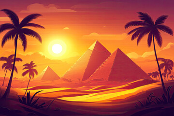 Stunning Sunset View of the Giza Pyramids and Palm Trees in the Sahara Desert