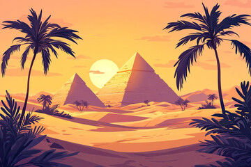 Majestic Pyramids at Sunset in the Egyptian Desert with Palm Trees