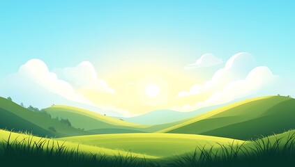 Fototapeta premium Vast Green Expanse A panoramic view of a lush green landscape with rolling hills and a bright blue sky dotted with fluffy white clouds creating a sense of peace and tranquility