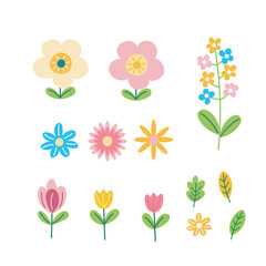 Flowers set, cute spring flowers collection vector illustration