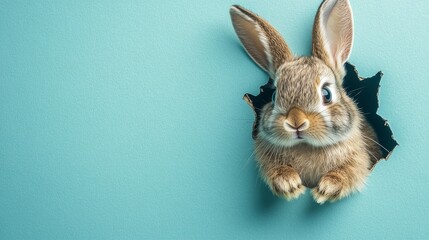 Obraz premium Bunny peeking out of a hole in blue wall, fluffy eared bunny easter bunny banner, rabbit jump out torn hole 