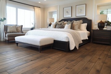 Cozy bedroom interior featuring a stylish bed and wooden flooring with natural light during the day