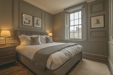 Cozy and elegant bedroom featuring a comfortable bed and warm lighting in a charming home setting