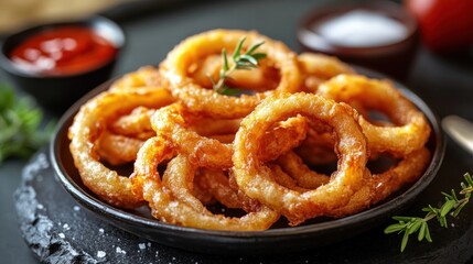 Crispy onion rings on dark plate, ketchup, salt, rosemary