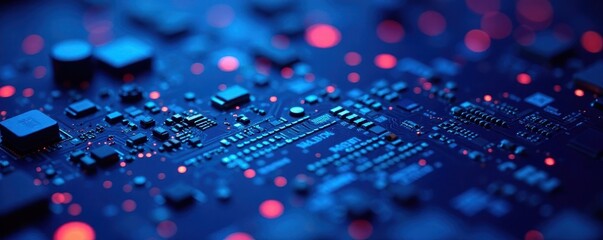 Fototapeta premium Close-up of intricate circuit board lines on vibrant blue background , wiring, copper, vector