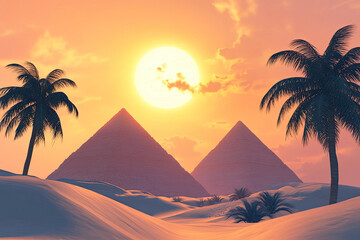 Majestic Pyramids at Sunset in the Egyptian Desert with Palm Trees