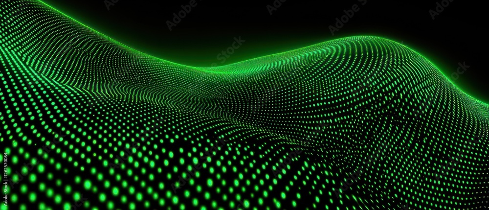 Poster abstract green wave pattern with illuminated dots creating a digital landscape, evoking a sense of m