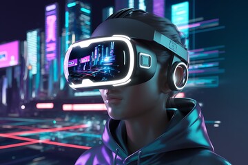 Fototapeta premium Ultra-Realistic 3D Render of a Person Exploring the Metaverse with Advanced VR Headset 