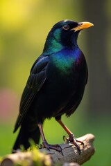 Fototapeta premium Close-up of male blackbird's iridescent plumage, spring sunlight , black, iridescent