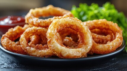 Crispy onion rings on a plate, with ketchup and salad, on a dark surface