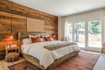 Fototapeta premium Cozy modern bedroom with wooden decor and large windows in a serene setting