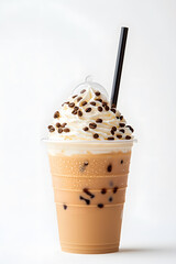 Iced coffee with whipped cream in a plastic takeaway cup isolated on a white background