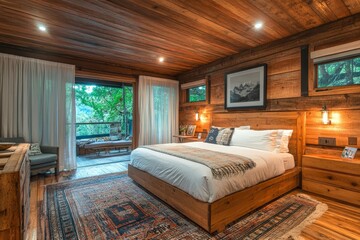 Cozy wooden bedroom with large windows overlooking a lush green forest in the early morning light