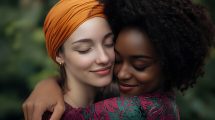 Obraz premium Two women from different cultures embracing each other, showing a deep connection and cultural appreciation in their friendship.