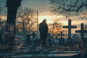 Sad lonely person visiting relatives standing at cemetery alone loss sunset