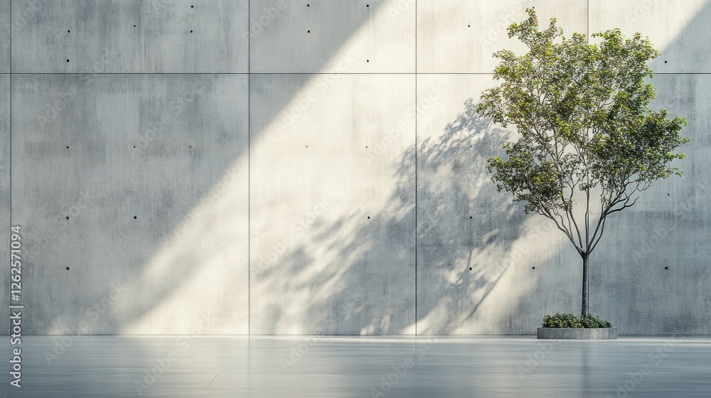 Poster concrete wall with single tree casting shadow in modern architecture