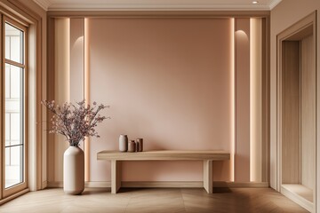 Elegant entryway features solid pastel pink walls and a wooden console, creating a warm and inviting atmosphere with natural light streaming through the large windows