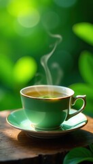 Fototapeta premium Close-up vibrant green tea, steaming in elegant cup, blurred plantation, aroma, cup