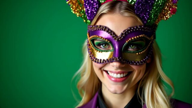 Beautiful young blonde female fashionista diva smiles while dressed up for Mardi Gras festival celebration