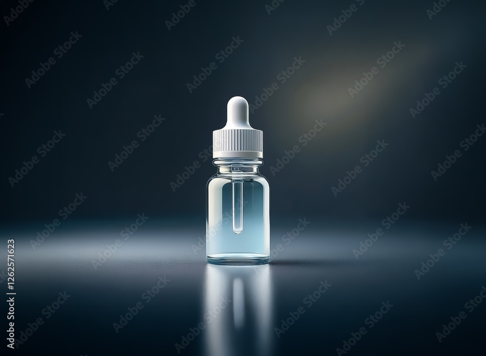 Poster a clear liquid in a glass dropper bottle stands centered against a dark backdrop, illuminated by a b