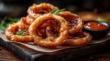 Crispy onion rings on wooden board with dipping sauce