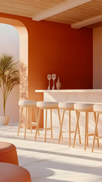 Outdoor terracotta bar, sunset light, patio seating,  peaceful background, ideal for relaxation or hospitality marketing