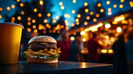 A delicious burger with fries, served under twinkling lights at a lively outdoor event, evoking a warm and festive atmosphere perfect for food lovers and casual dining enthusiasts.