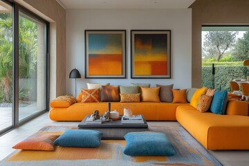 Vibrant modern living room with orange couch and abstract artwork in a serene setting