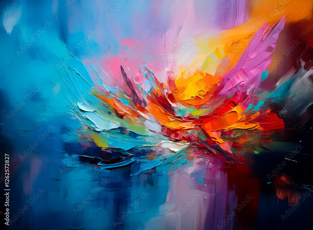 Poster Vibrant abstract painting featuring a dynamic burst of colors, creating a sense of energy and movement with thick brushstrokes and a blend of warm and cool tones.