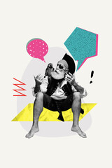 Vertical sketch 3d artwork collage poster of serious old man sit barefoot speak parrot friend bubble communication halloween party