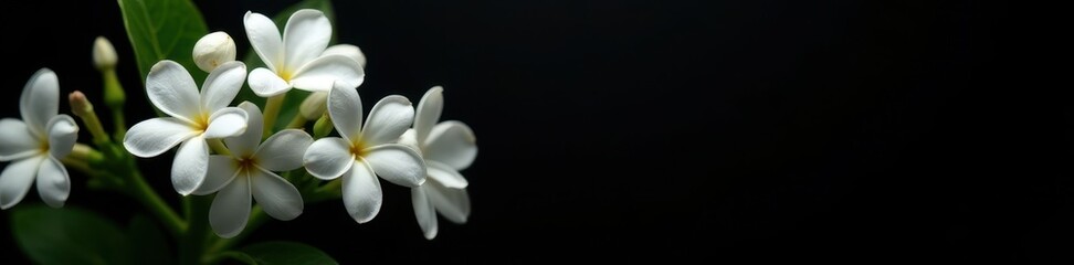 Obraz premium Clusters of jasmine flowers, stark white against a matte black backdrop , contrast, sharp