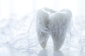 A futuristic representation of a tooth wrapped in delicate white fibers, evoking a sense of vulnerability and biological structure
