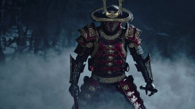 A dramatic low-angle shot of a samurai in ornate armor, emerging from mist in a cinematic style, evoking a historical action video scene.