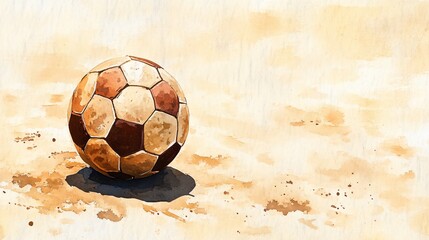 Vintage Watercolor Painting of a Soccer Ball with Worn Leather Texture