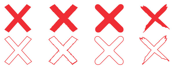 Obraz premium Cross x vector icon set. Set of grunge x cross sign. No, Cancel, Wrong, Delete, Red cross X symbol. Vector illustration isolated on white background. 