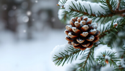 Closeup of pine cone on fir tree branch under snow. Winter holiday banner design with copyspace. Christmas and new year holiday background, digital art. with white shades