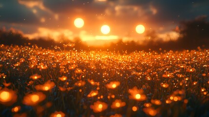 Sunset field of glowing flowers
