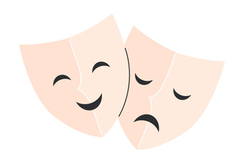 Theater masks icon. Comic and tragic mask traditional symbol. Theatre Day stickers. Flat Vector illustration. Flat Vector illustration isolated on white background
