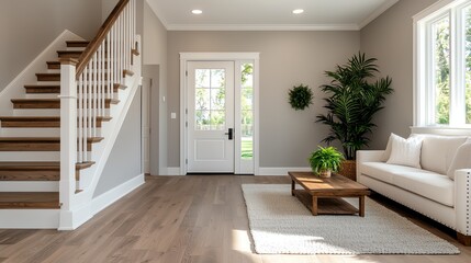 A modern living room featuring a comfortable sofa, vibrant plants, and a stylish coffee table. Natural light floods in through the windows, creating a warm and inviting atmosphere.