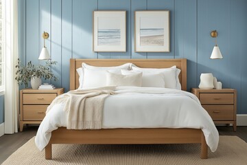 Cozy bedroom with powder blue accent wall, modern wooden furniture, and elegant decor creating a soothing, inviting atmosphere for restful nights and relaxation
