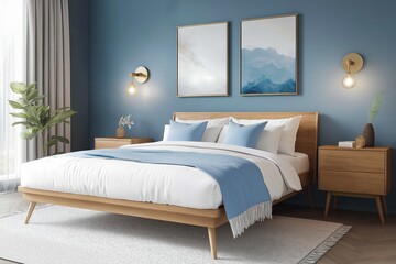 Cozy bedroom with sky blue accents and soft white bedding featuring elegant wooden furniture, minimalist decor, and a soothing atmosphere to unwind and relax