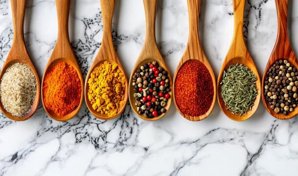 Various spoons with spices on marble