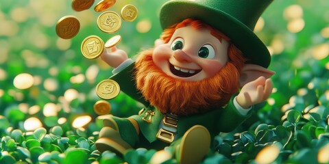 Fototapeta premium Red-bearded elf in green top hat and jacket tosses gold coins in clover field, 3D animation style illustration for Irish St. Patrick's Day