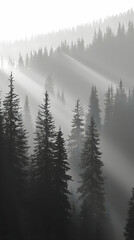 Fototapeta premium Sunbeams through misty mountain forest at dawn; serene landscape for nature, travel, or environmental themes