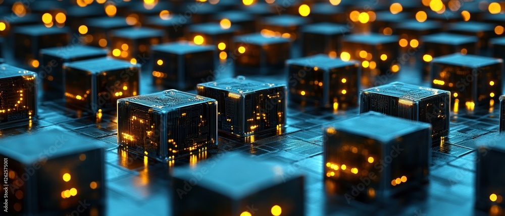 Poster a close-up view of illuminated transparent cubes on a circuit board, creating a futuristic atmospher