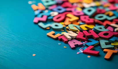 Colorful letters scattered on a vibrant turquoise background create a playful and creative atmosphere, perfect for educational projects, crafting, or artistic endeavors.