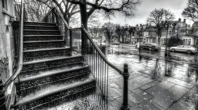 Fototapeta Rainy day, London street stairs, residential houses, wet pavement, urban scene, stock photo