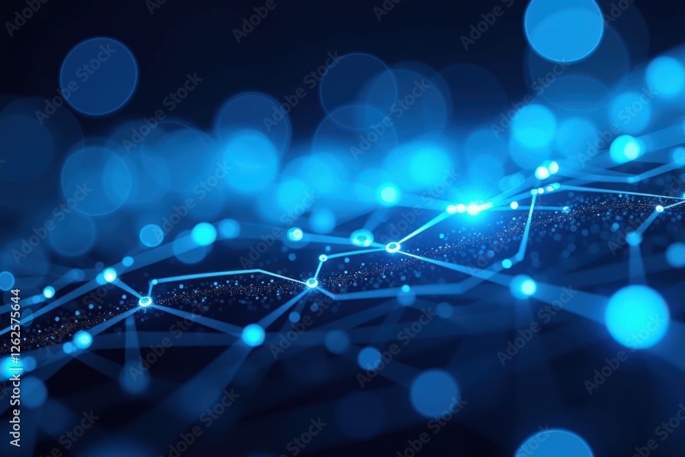 Poster a futuristic blue network: abstract digital design with connected nodes and radiant particles, repre