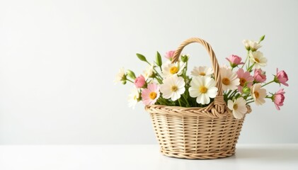 Obraz premium Cream wicker basket, delicate wildflowers, pure white backdrop , blossom, basket, rustic