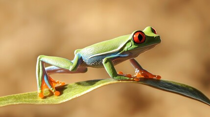 Fototapeta premium Tropical tree frog on leaf, sunlight, jungle background, nature photography